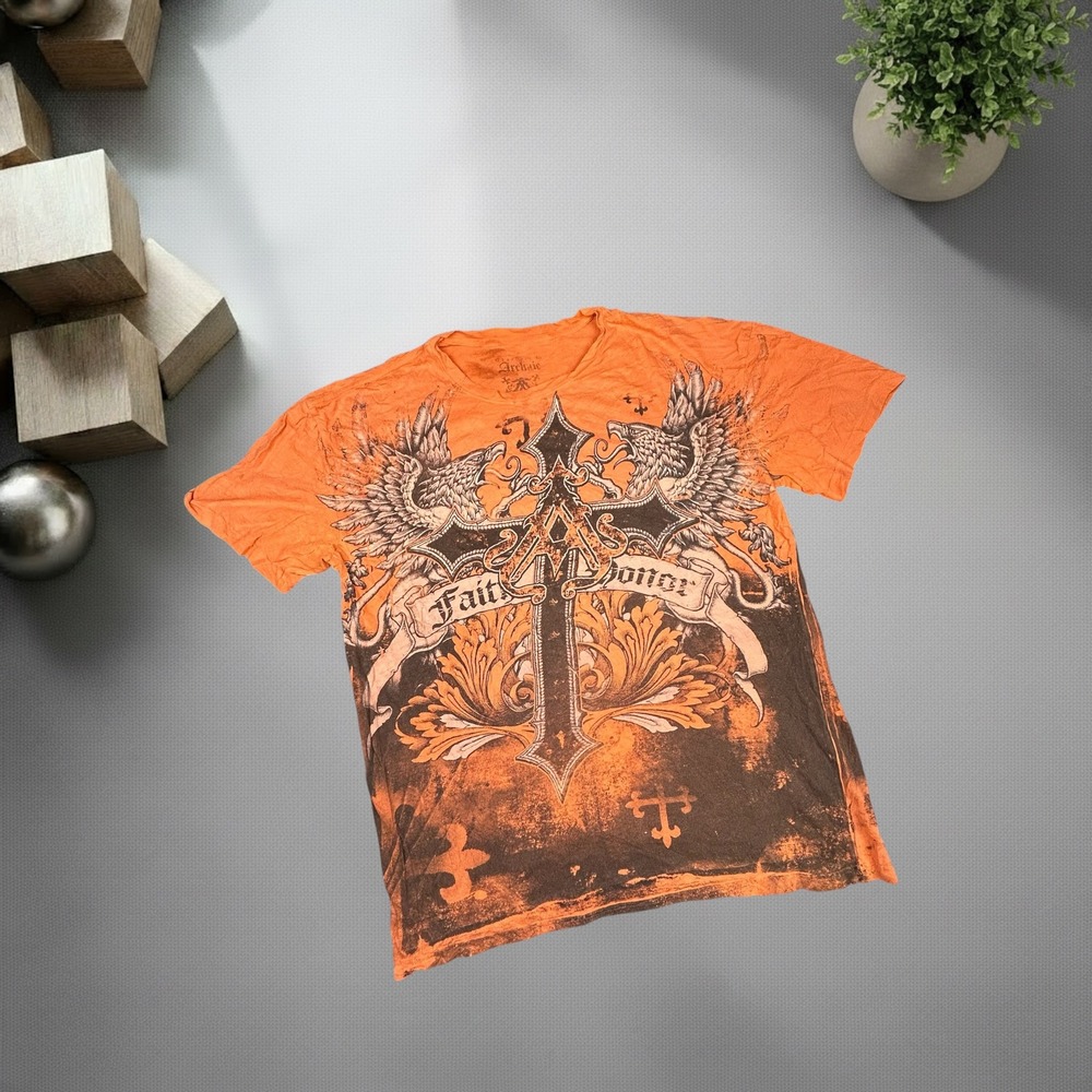 Archaic MMA Graphic Tee Orange Brown Y2K Grunge Cross Eagle Mens L